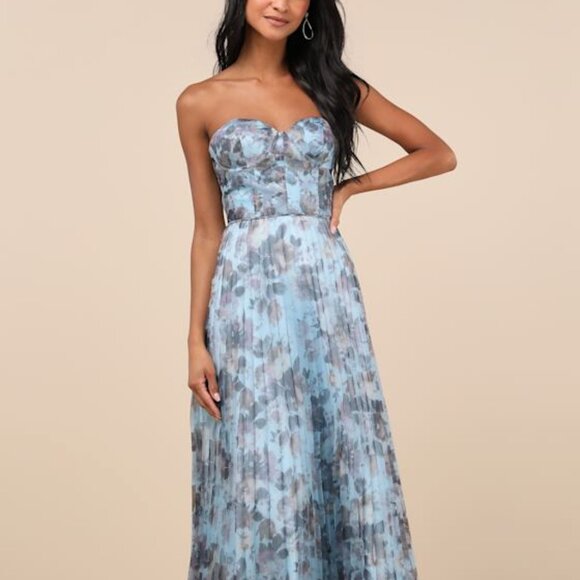 Lulus Most Beautiful Day Blue Multi Floral Print Organza Maxi Dress - Size XL - Picture 1 of 2